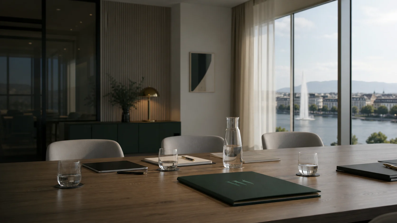 A discreet Geneva office meeting room prepared for a private corporate relocation consultation